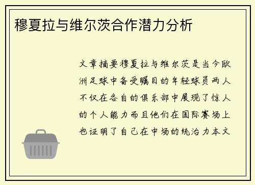 穆夏拉与维尔茨合作潜力分析
